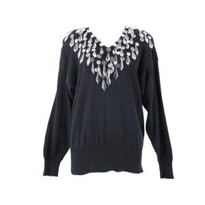 Bonnie Boerer Vintage Sz S Black Silver Crystals Beaded Ramie Cotton Sweater